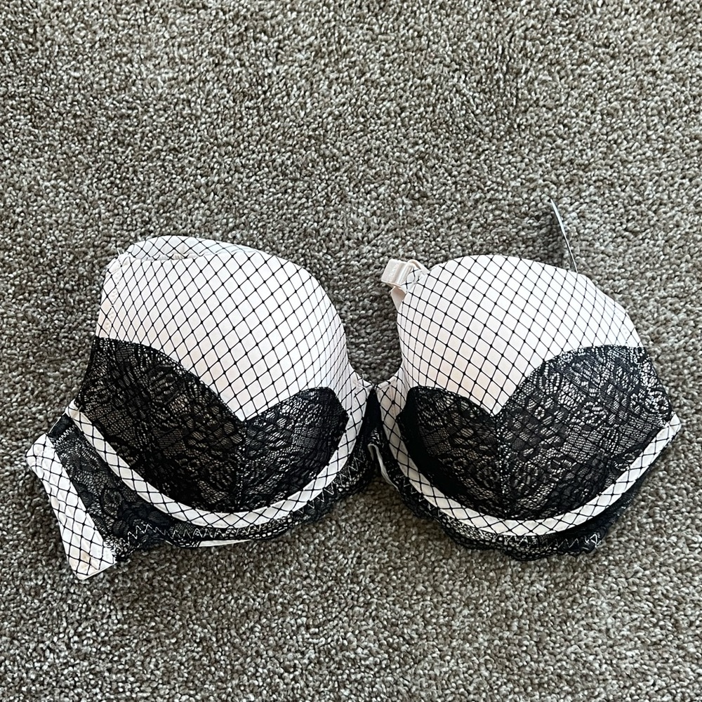 Adore Me Black Lace Overlay Push-Up Bra on Light Pink